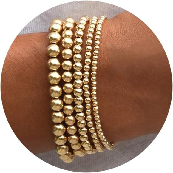 Beaded Bracelet Set Women 14K Gold Plated Stackable Elastic Fashion Jewelry - Picture 1 of 9